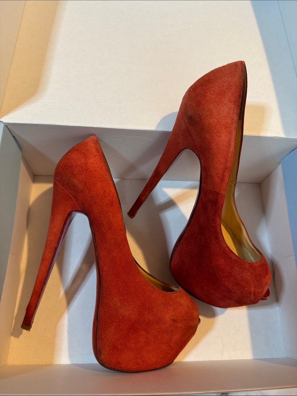 Christian Louboutin orangy red coral Suede Peep-Toe Platform High Heels 38